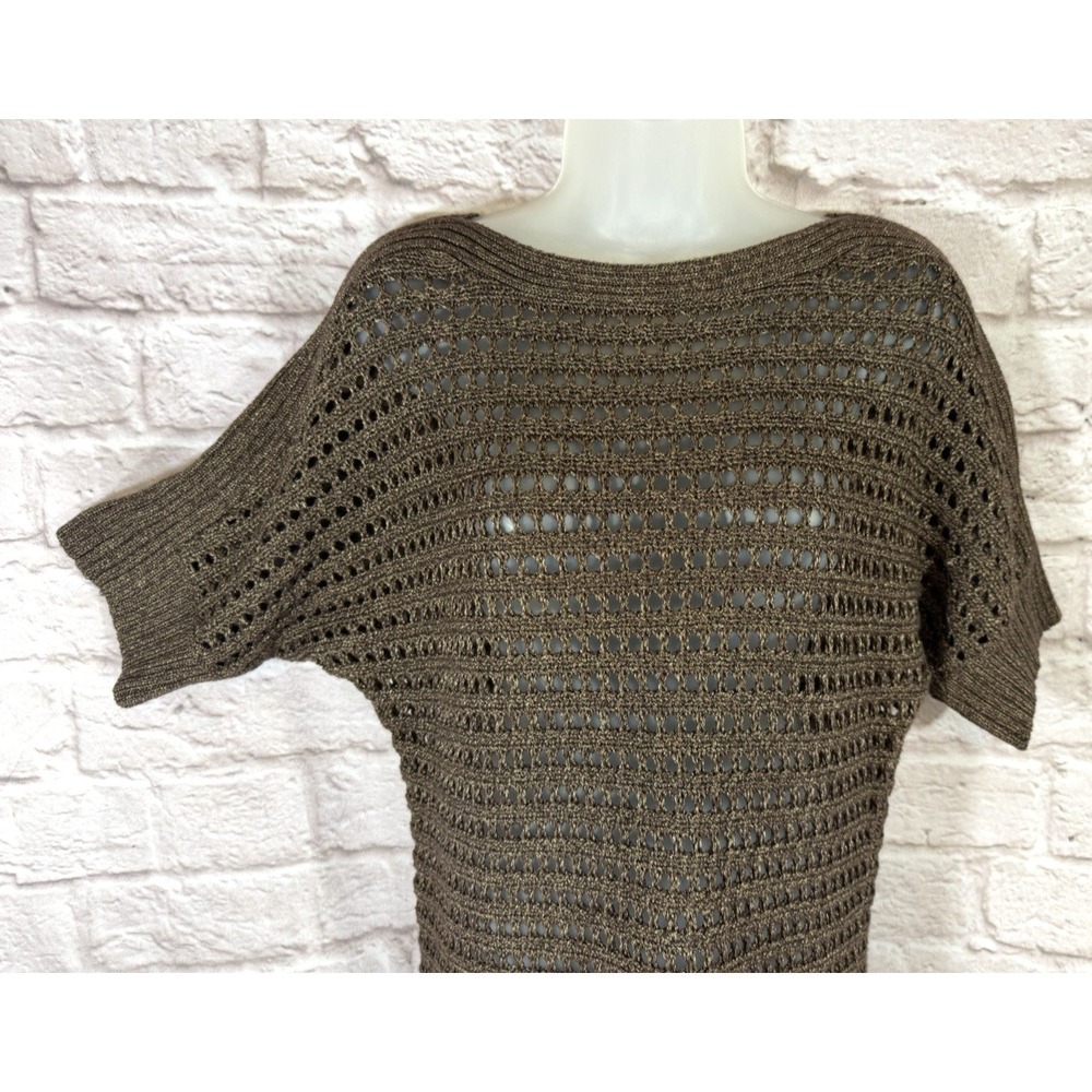 CHICOS 1 M Bronze Metallic Open‎ Knit Crochet Chunky Knit Dolman Sleeve Sweater - Picture 4 of 10